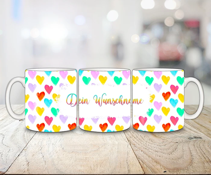 HDF Tasse - Bunte Herzen mit Wunschname