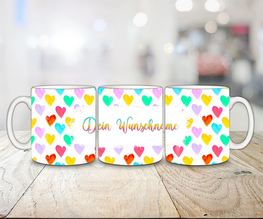 HDF Tasse - Bunte Herzen mit Wunschname